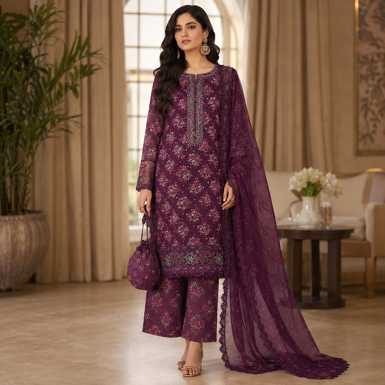 Purple Magenta Embroidered Digital Print 3 Piece Lawn Suit – Inspired by Iznik – image 1 of 3
