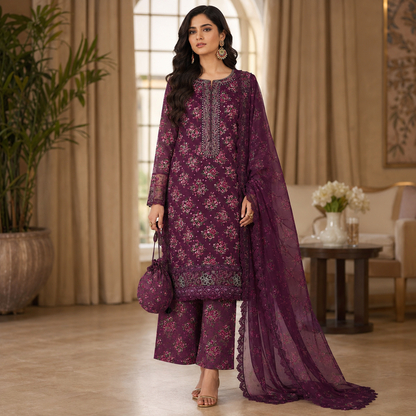 Purple Magenta Embroidered Digital Print 3 Piece Lawn Suit – Inspired by Iznik – image 1 of 3