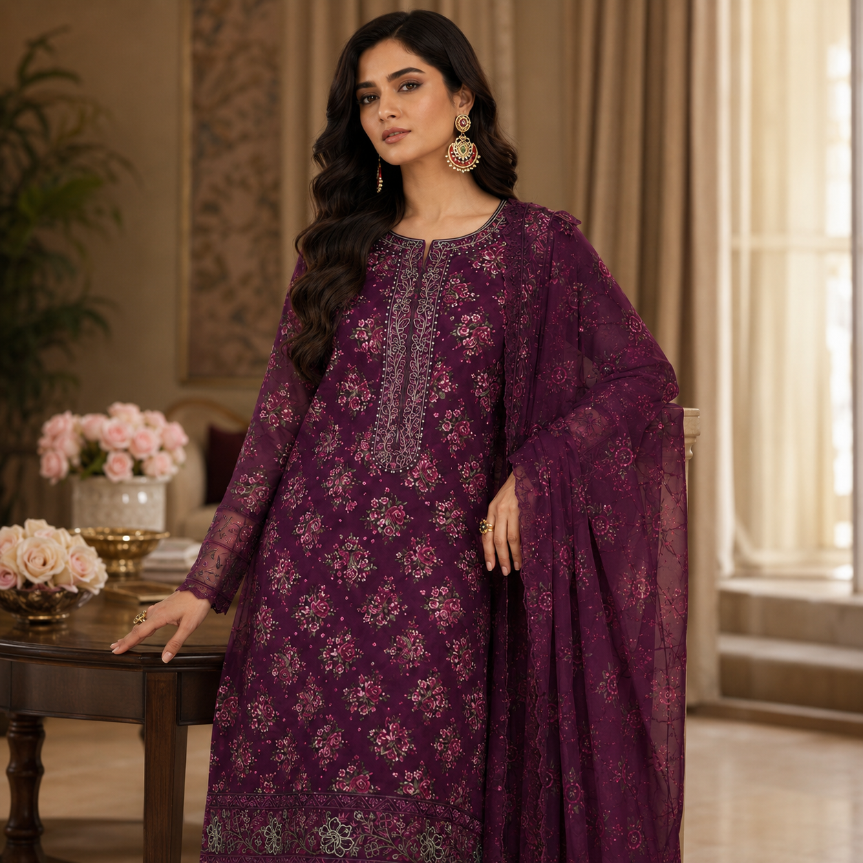 Purple Magenta Embroidered Digital Print 3 Piece Lawn Suit – Inspired by Iznik – image 2 of 3
