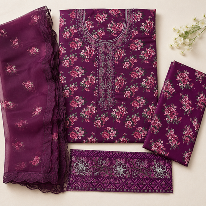 Purple Magenta Embroidered Digital Print 3 Piece Lawn Suit – Inspired by Iznik – image 3 of 3