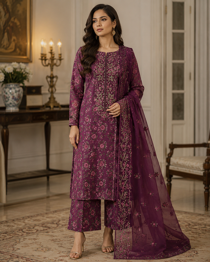 Purple Magenta Floral Embroidered 3 Piece Unstitched Lawn Suit – image 1 of 3
