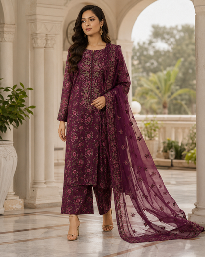 Purple Magenta Floral Embroidered 3 Piece Unstitched Lawn Suit – image 2 of 3