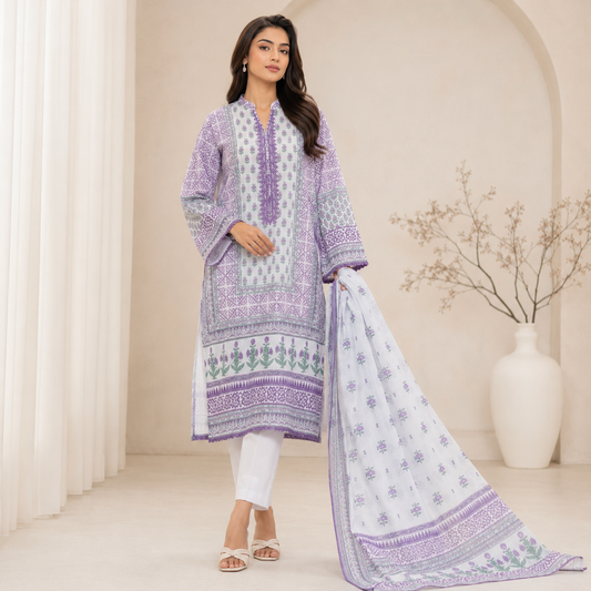 Purple White Floral Digital Print 3 Piece Lawn Suit – Inspired by Khaadi – image 1 of 2