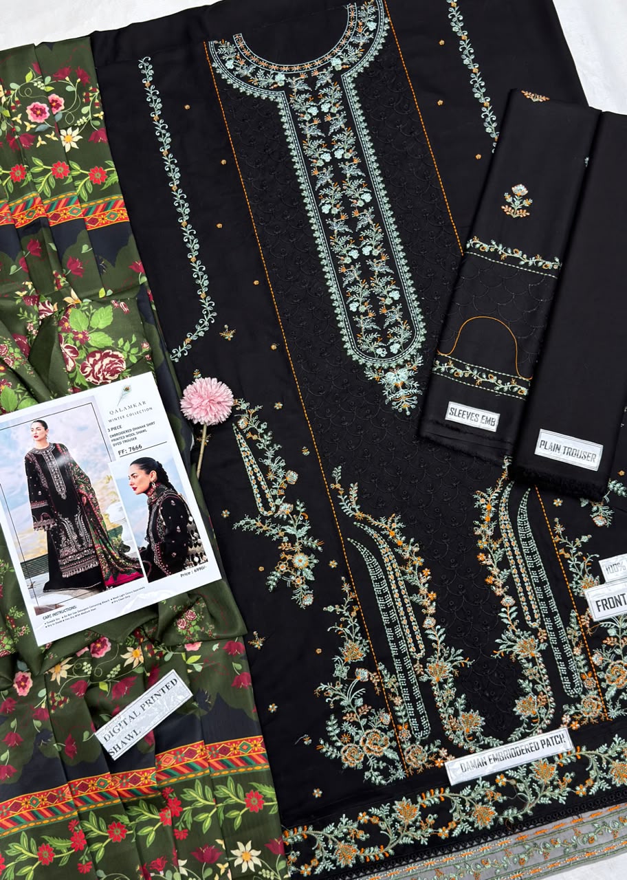 Qalamkar Black Heavy Embroidered Unstitched Dhanak 3 Piece Suit with Wool Shawl – image 5 of 5