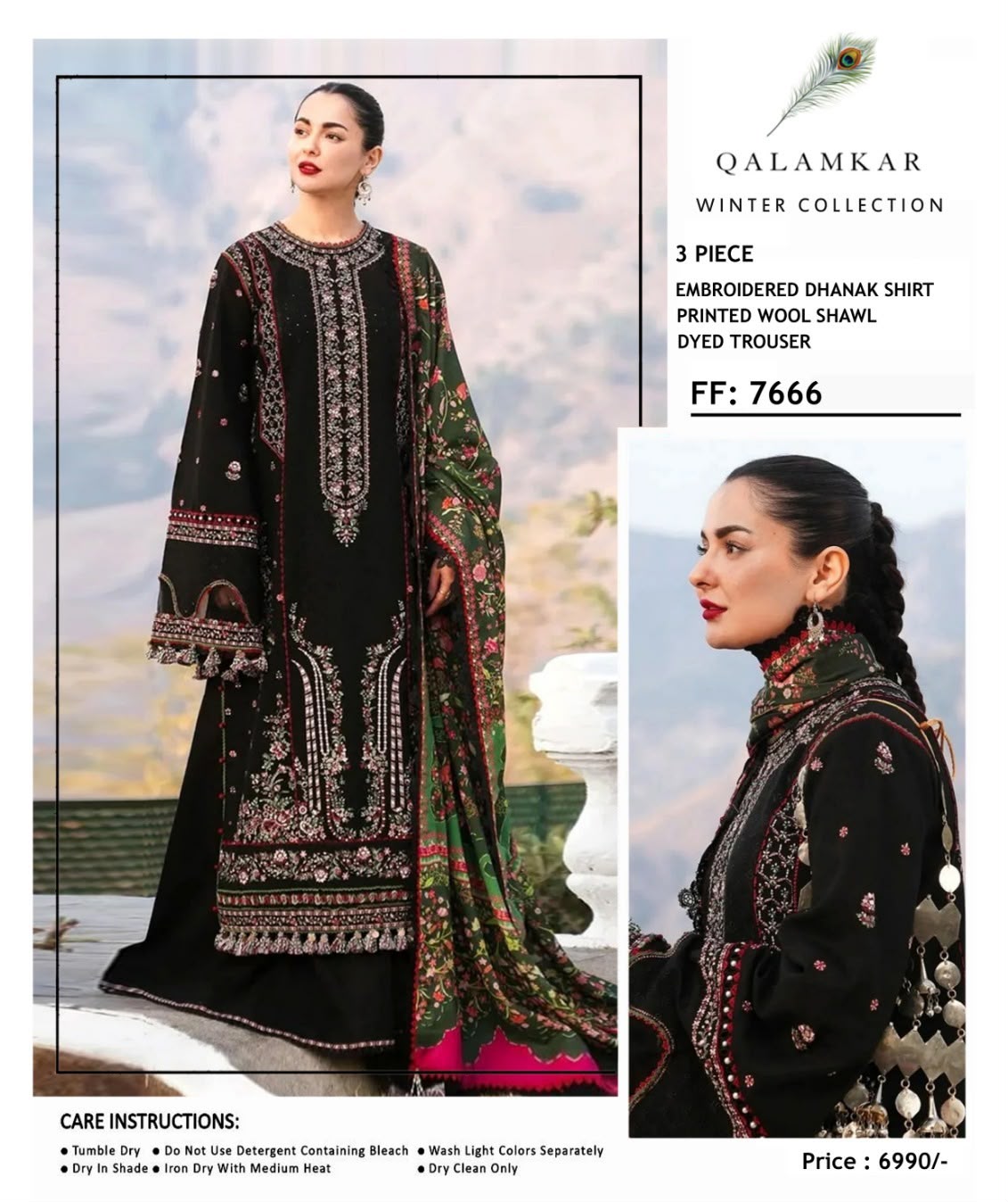 Qalamkar Black Heavy Embroidered Unstitched Dhanak 3 Piece Suit with Wool Shawl – image 4 of 5