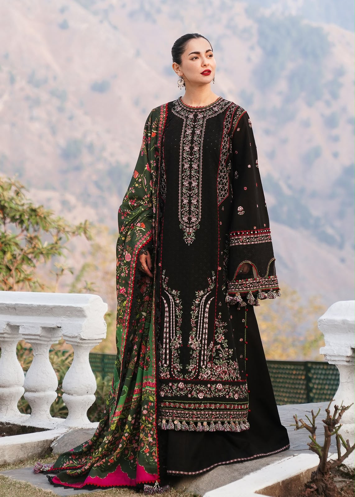 Qalamkar Black Heavy Embroidered Unstitched Dhanak 3 Piece Suit with Wool Shawl – image 2 of 5