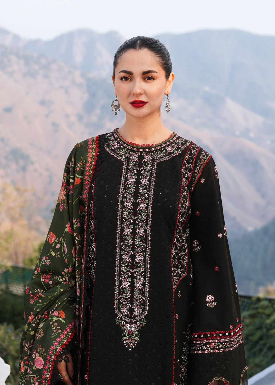 Qalamkar Black Heavy Embroidered Unstitched Dhanak 3 Piece Suit with Wool Shawl – image 1 of 5