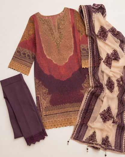 Maroon Digital Print 3 Piece Unstitched Lawn Suit – image 3 of 3
