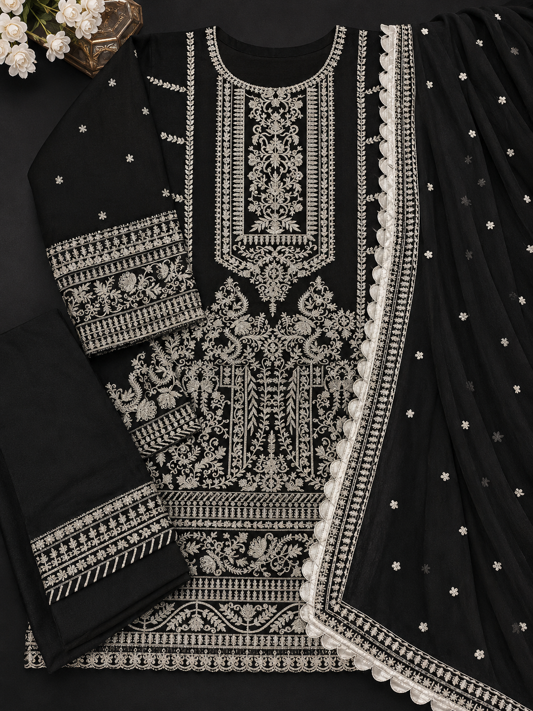 3 Piece Heavy Embroidered Chiffon Suit with Spangle Work Dupatta – image 3 of 3