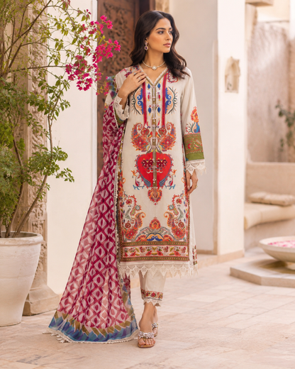 Cream Digital Print 3 Piece Unstitched Lawn Suit – image 1 of 3
