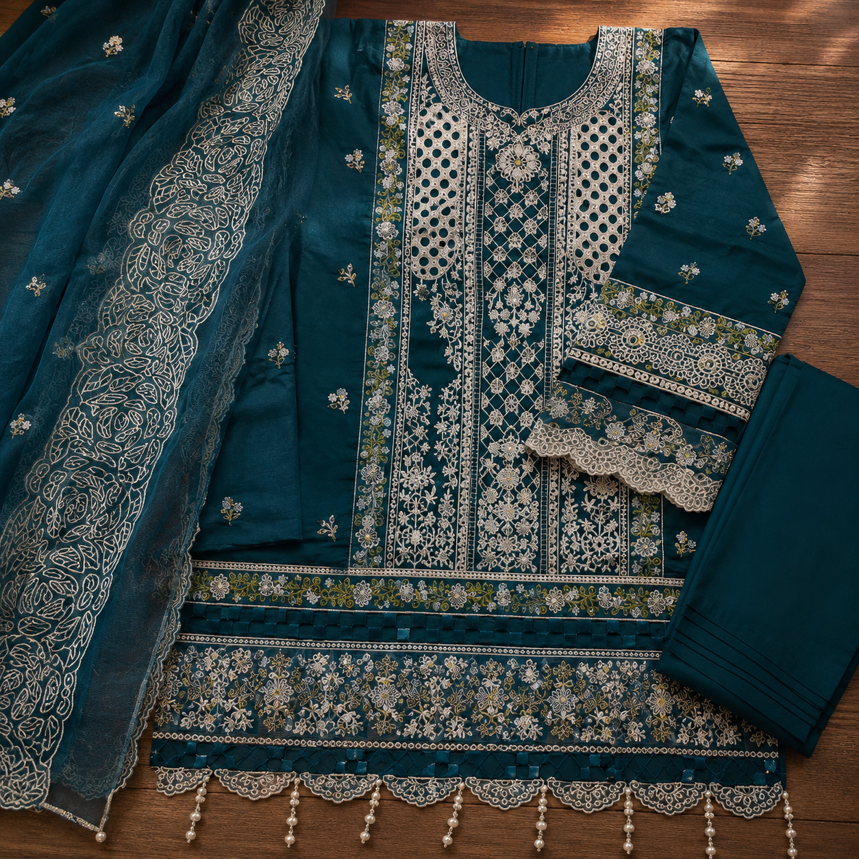 Teal Heavy Embroidered 3 Piece Chikankari Suit – image 3 of 3