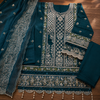 Teal Heavy Embroidered 3 Piece Chikankari Suit – image 3 of 3