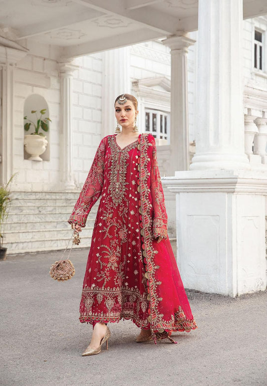 Red Heavy Embroidered Spangle Chiffon Suit – Inspired by Maria.B – image 1 of 8