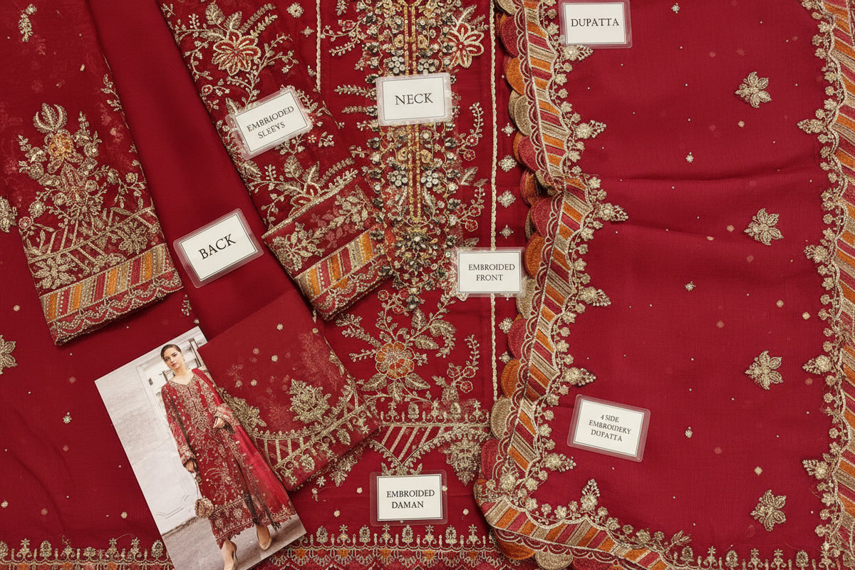 Maria.B Red Heavy Embroidered Spangle Chiffon Suit – image 3 of 8
