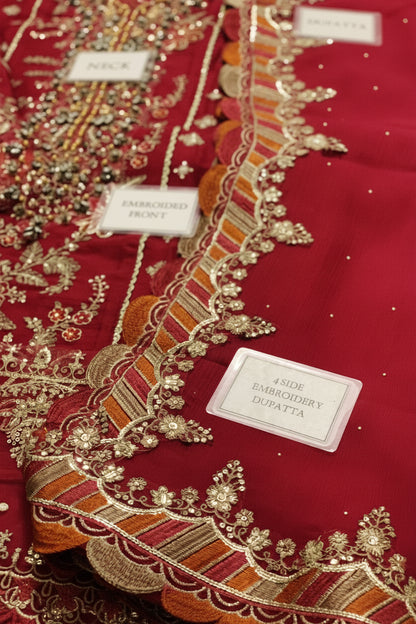 Maria.B Red Heavy Embroidered Spangle Chiffon Suit – image 5 of 8