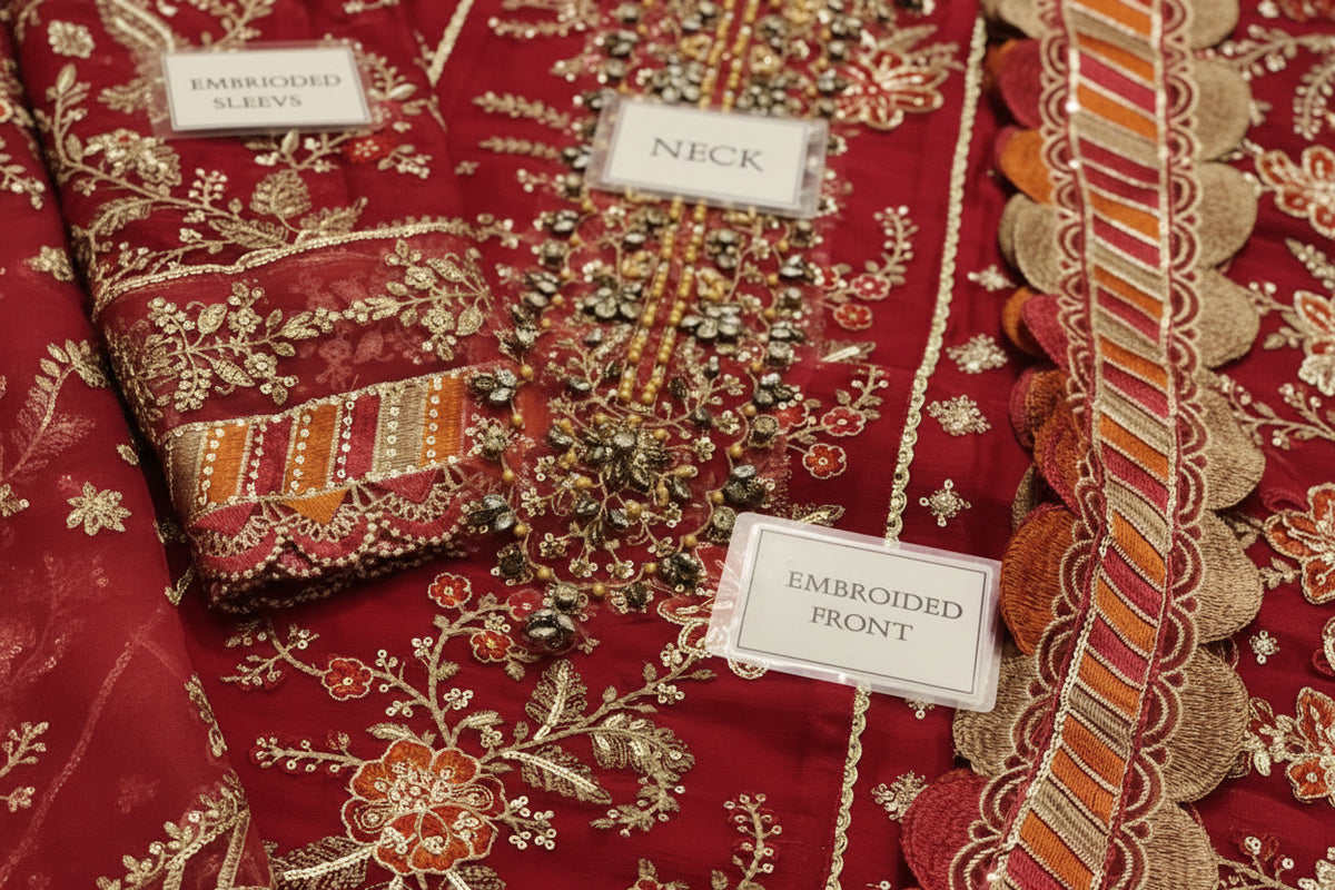 Maria.B Red Heavy Embroidered Spangle Chiffon Suit – image 6 of 8