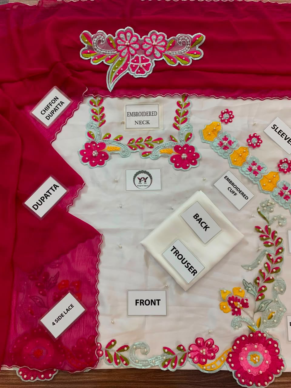 SHANZAY ANOSHY Ivory Multi Floral Heavy Embroidered Pearl Embellished Shamoz Silk 3 Piece Unstitched Suit