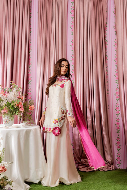 SHANZAY ANOSHY Ivory Multi Floral Heavy Embroidered Pearl Embellished Shamoz Silk 3 Piece Unstitched Suit