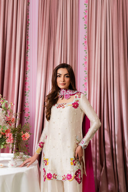 SHANZAY ANOSHY Ivory Multi Floral Heavy Embroidered Pearl Embellished Shamoz Silk 3 Piece Unstitched Suit