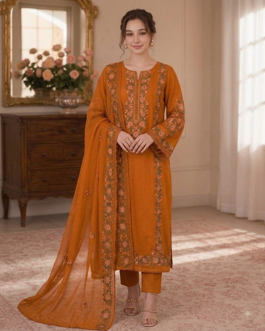 Ahmozi Wedding Edition Navy Heavy Embroidered Shamoz Silk Kaftan Style 3 Piece Suit