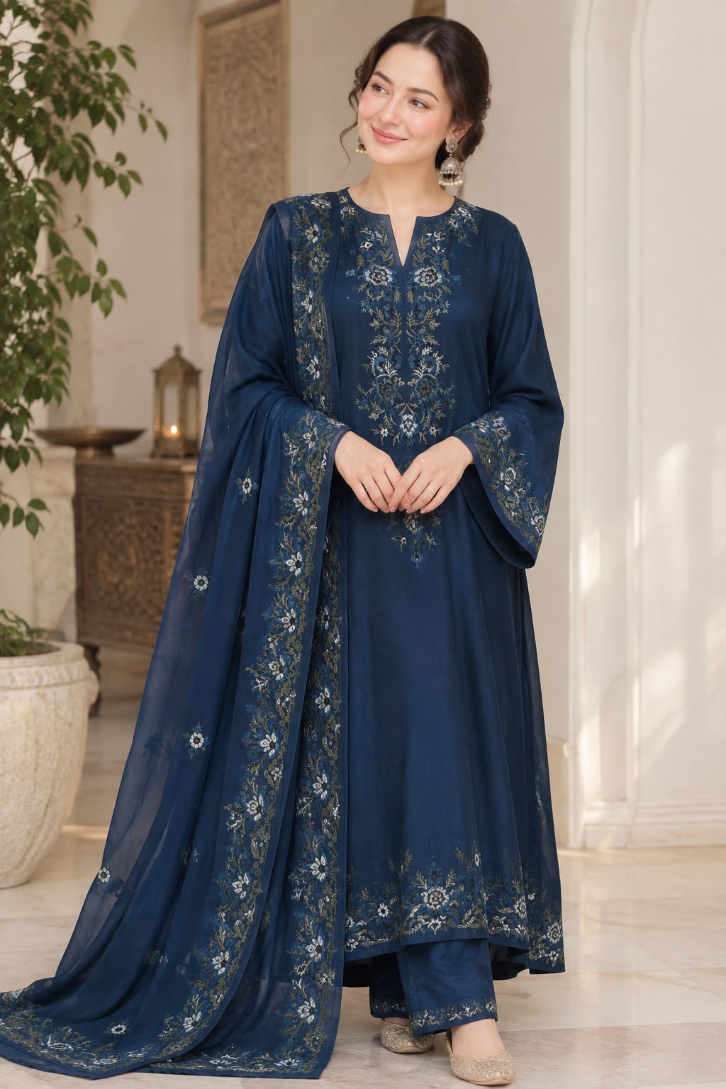Ahmozi Wedding Edition Navy Heavy Embroidered Shamoz Silk Kaftan Style 3 Piece Suit