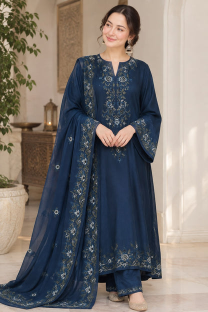 Ahmozi Wedding Edition Navy Heavy Embroidered Shamoz Silk Kaftan Style 3 Piece Suit