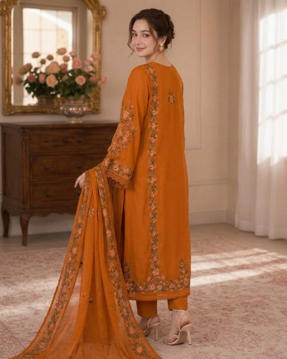 Ahmozi Wedding Edition Navy Heavy Embroidered Shamoz Silk Kaftan Style 3 Piece Suit