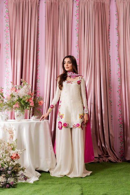 SHANZAY ANOSHY Ivory Multi Floral Heavy Embroidered Pearl Embellished Shamoz Silk 3 Piece Unstitched Suit