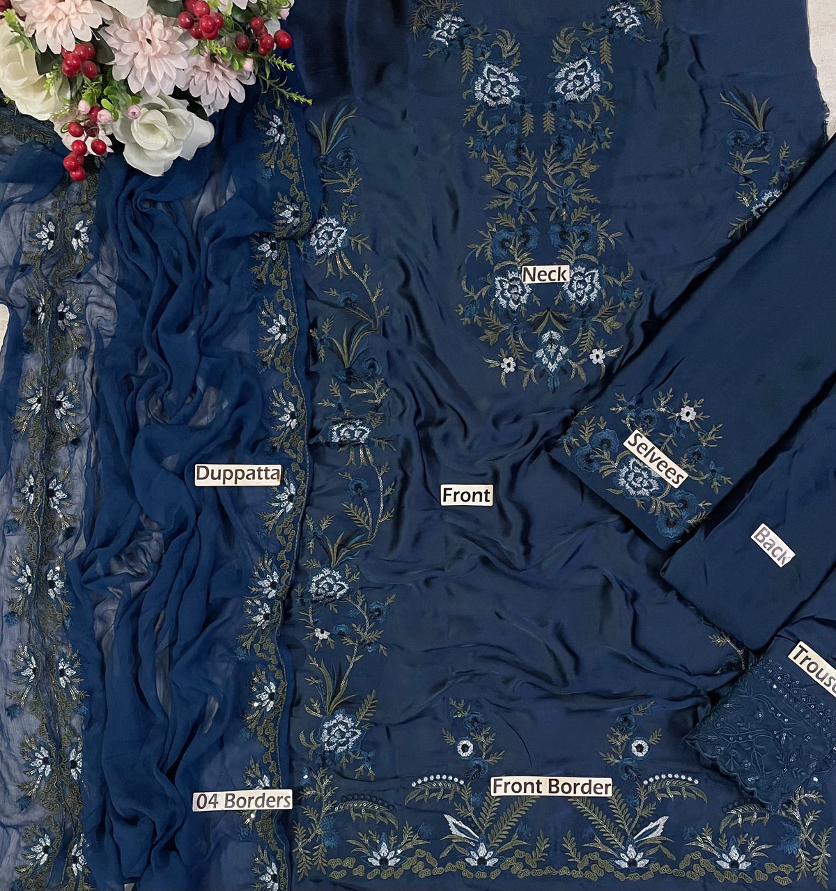 Ahmozi Wedding Edition Navy Heavy Embroidered Shamoz Silk Kaftan Style 3 Piece Suit