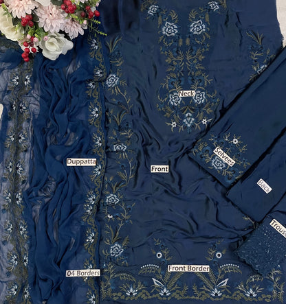 Ahmozi Wedding Edition Navy Heavy Embroidered Shamoz Silk Kaftan Style 3 Piece Suit