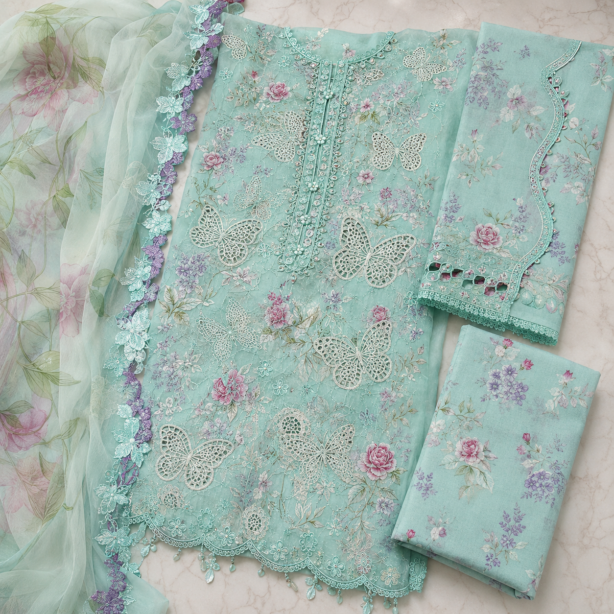 Butterfly Embroidered 3 Piece Unstitched Lawn Chikankari Suit – Mint – image 3 of 3