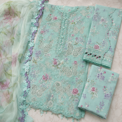 Butterfly Embroidered 3 Piece Unstitched Lawn Chikankari Suit – Mint – image 3 of 3