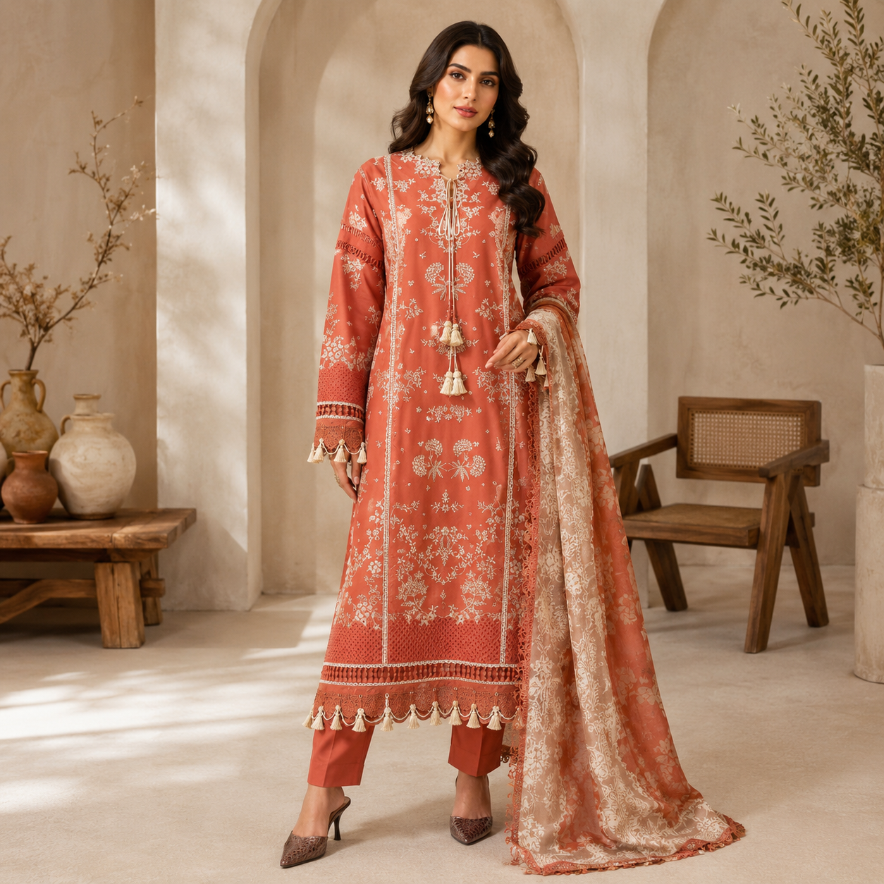 Rust Floral Embroidered 3 Piece Lawn Suit – Inspired by Hussain Rehar – image 1 of 3