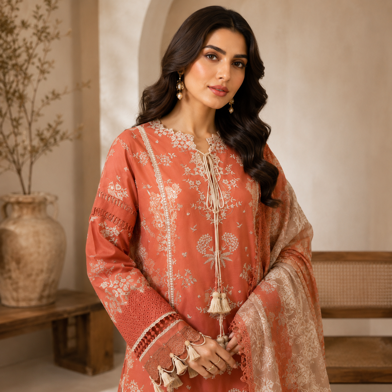 Rust Floral Embroidered 3 Piece Lawn Suit – Inspired by Hussain Rehar – image 2 of 3