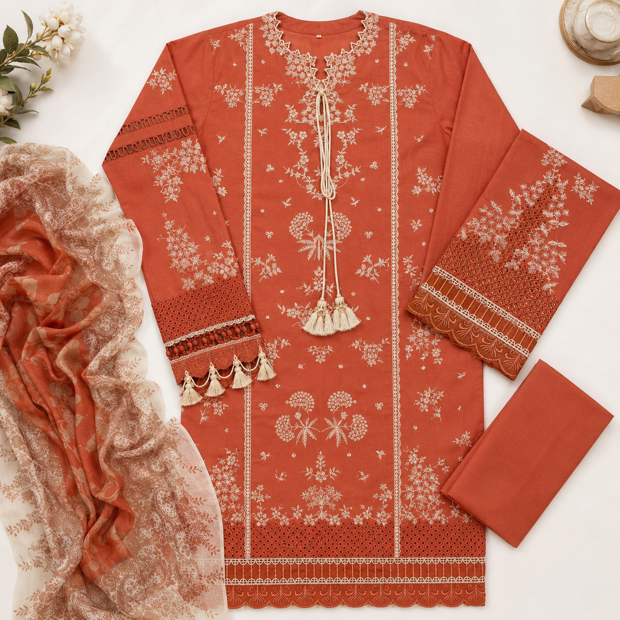 Rust Floral Embroidered 3 Piece Lawn Suit – Inspired by Hussain Rehar – image 3 of 3