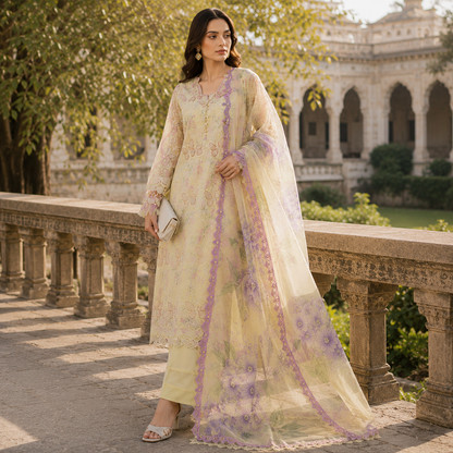 Butterfly Embroidered 3 Piece Unstitched Lawn Chikankari Suit – Pale Yellow – image 1 of 3
