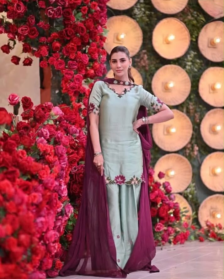Nazish Jahangir Sage Green Embroidered Shamooz Silk Suit – image 1 of 6