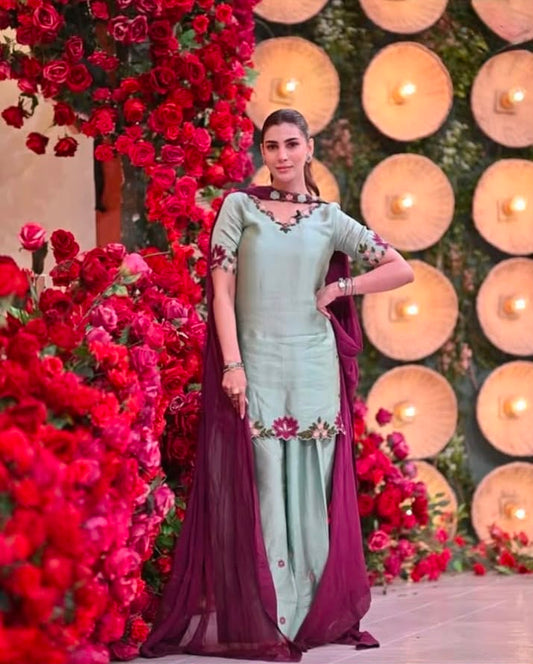 Sage Green Embroidered Shamooz Silk Suit – Inspired by Nazish Jahangir – image 1 of 6