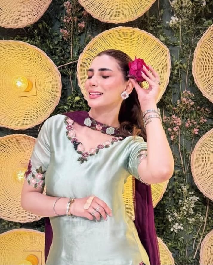 Nazish Jahangir Sage Green Embroidered Shamooz Silk Suit – image 2 of 6