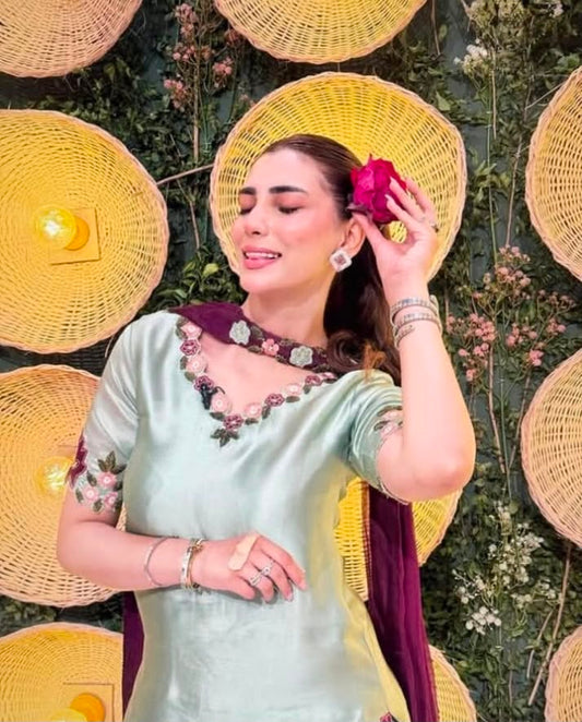 Sage Green Embroidered Shamooz Silk Suit – Inspired by Nazish Jahangir – image 2 of 6