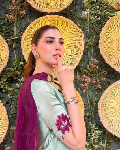 Nazish Jahangir Sage Green Embroidered Shamooz Silk Suit – image 3 of 6