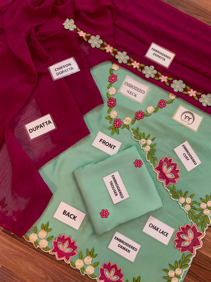 Nazish Jahangir Sage Green Embroidered Shamooz Silk Suit – image 4 of 6
