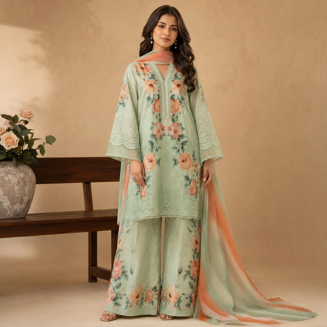 Sage Green Floral Embroidered 3 Piece Unstitched Lawn Suit – image 1 of 3