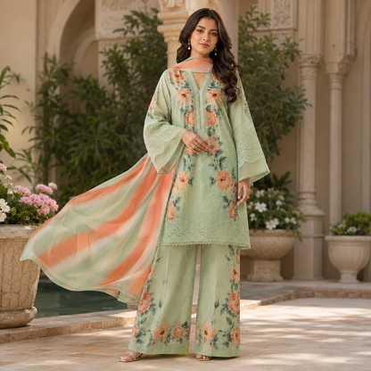 Sage Green Floral Embroidered 3 Piece Unstitched Lawn Suit – image 2 of 3