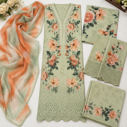 Sage Green Floral Embroidered 3 Piece Unstitched Lawn Suit – image 3 of 3