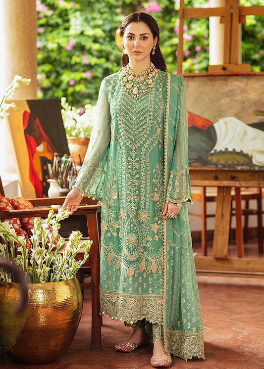 Sage Green Heavy Embroidered Spangle Chiffon Suit – Inspired by Afrozeh – image 1 of 6