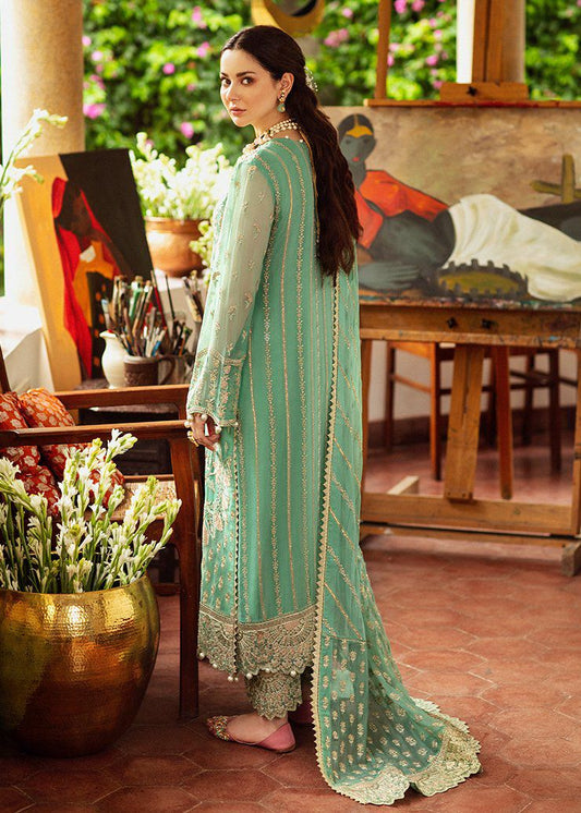 Sage Green Heavy Embroidered Spangle Chiffon Suit – Inspired by Afrozeh – image 2 of 6