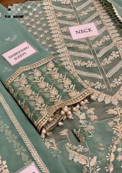 Afrozeh Sage Green Heavy Embroidered Spangle Chiffon Suit – image 5 of 6