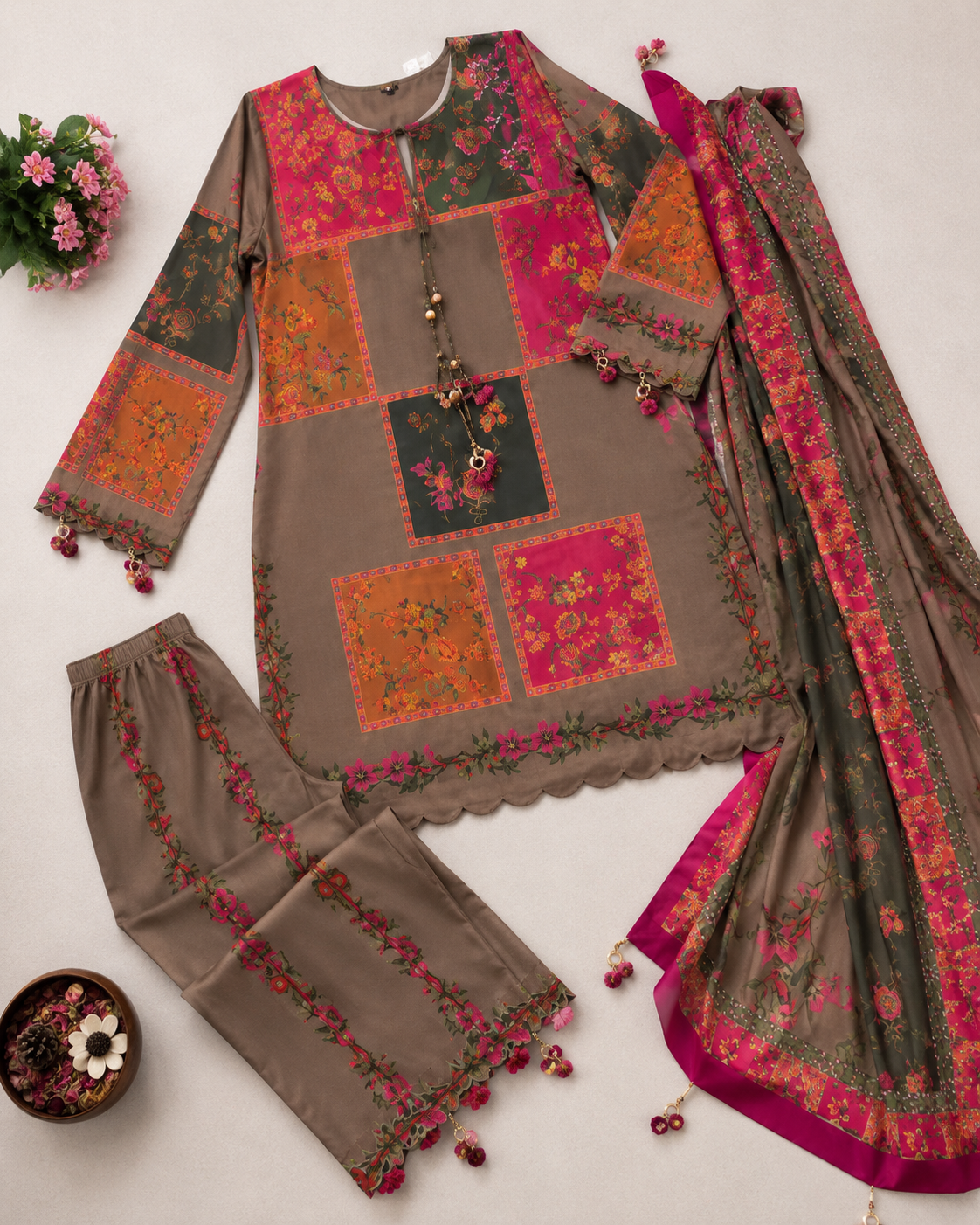 Earthy Floral Digital Printed Shamooz Silk 3 Piece Suit – image 2 of 2