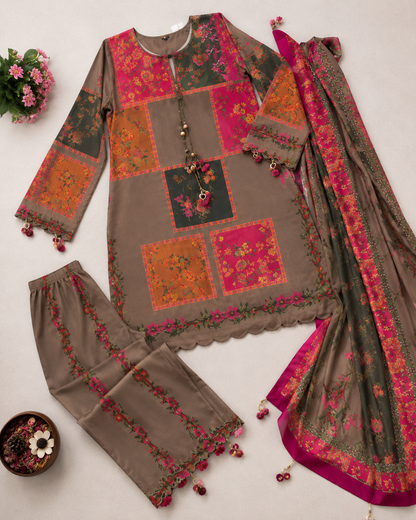 Earthy Floral Digital Printed Shamooz Silk 3 Piece Suit – image 2 of 2